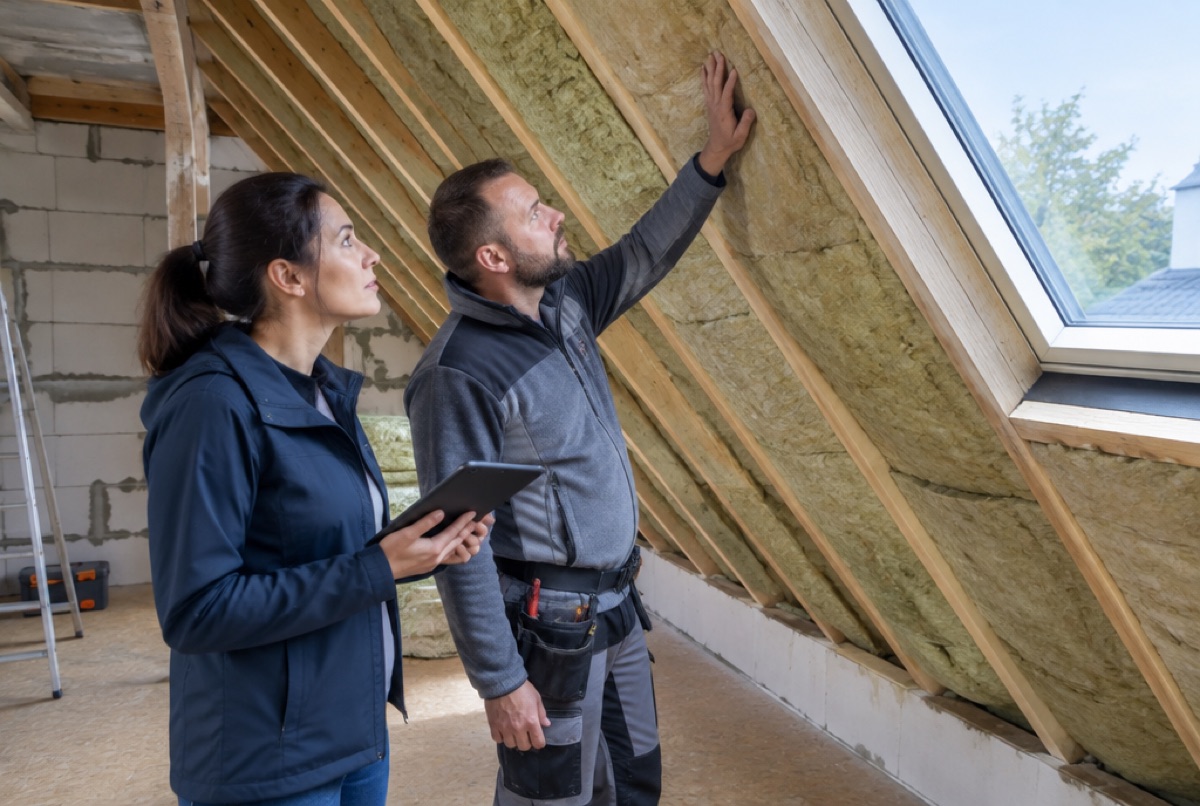 Energieberaterin und Handwerker prüfen eine Dachdämmung