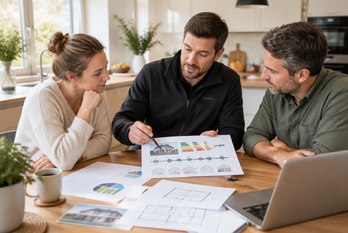 Energieberater erklärt einem Paar den Sanierungsfahrplan