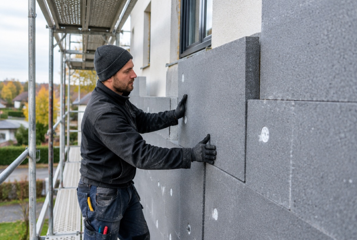Handwerker bringt Dämmplatten an einer Hausfassade an