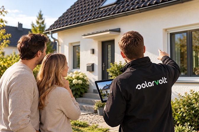 solarvolt Energieberater zeigt einem Paar die Sanierungsmöglichkeiten an ihrem Haus