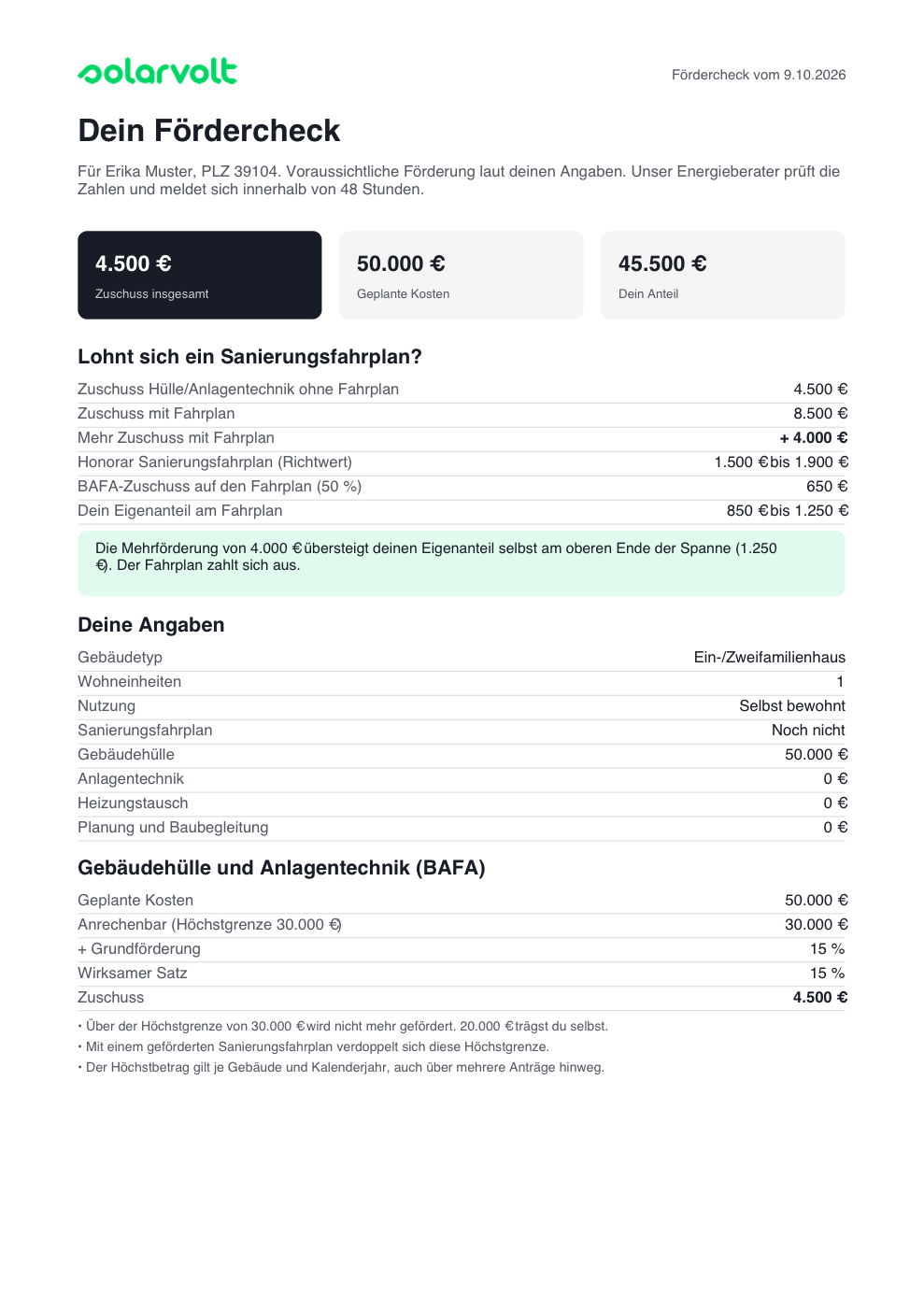 Erste Seite des Förderchecks als PDF mit Kennzahlen und Rechenweg