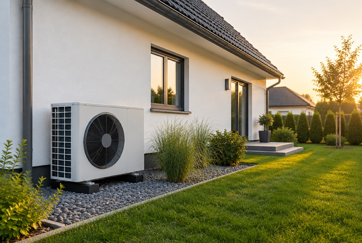 Wärmepumpe neben einem sanierten Einfamilienhaus